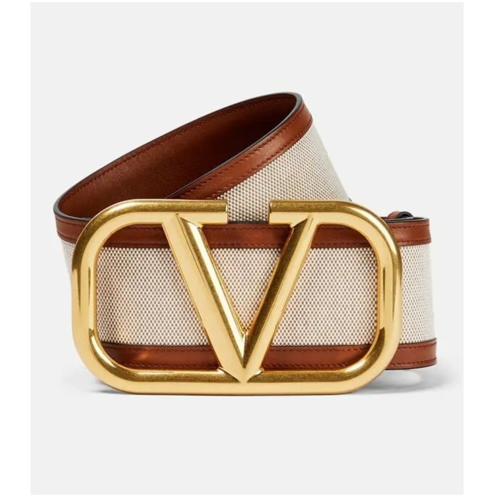 Valentino Garavani VLogo Signature Wide Canvas Leather Belt Gold Buckle Beige